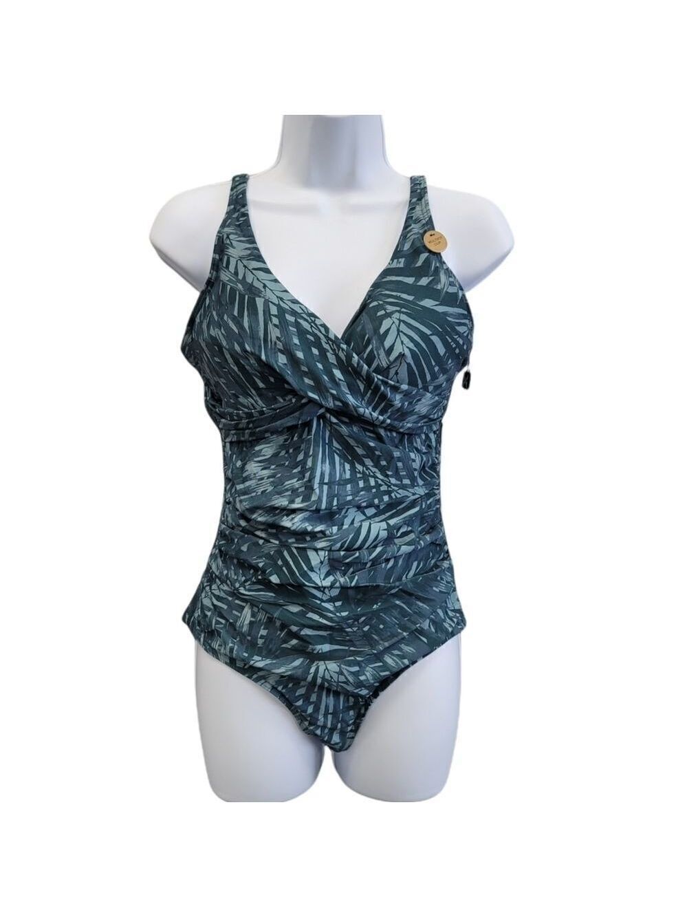 Nip Tuck Wrap Front Cinched Waist One Piece Swimwear Size 8 Green Blue NWT